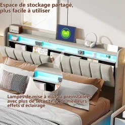 Lit Coffre 160x200 cm Velours Gris, LED, Charge USB, Rembourré, Rangement, Tête de lit, Sommier à Lattes, 2 Personnes