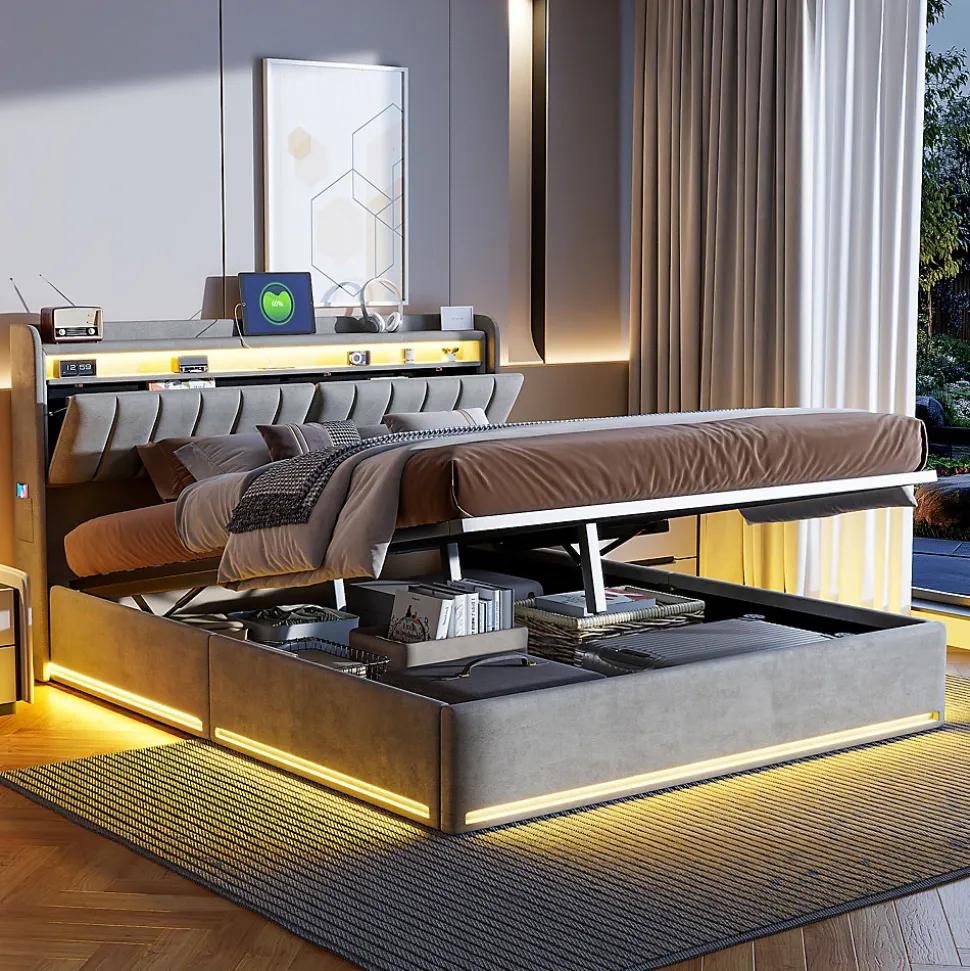 Lit Coffre 160x200 cm Velours Gris, LED, Charge USB, Rembourré, Rangement, Tête de lit, Sommier à Lattes, 2 Personnes