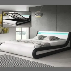 Lit coffre 160x200 PARISINA Design Ameublement blanc noir similicuir LED