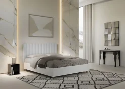 Lit coffre 160x200 structure frêne blanc tête de lit mélamine blanc/simili cuir Kaia