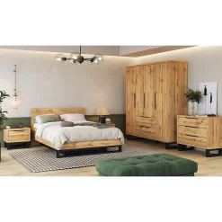 Lit coffre 160x200 style industriel - Collection MILOS. Coloris chene brut et noir.