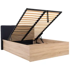 Lit coffre 140x200 tête de lit rembourree sommier inclus Edwin Bois Clair et Noir