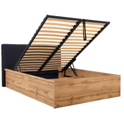 Lit coffre 140x200 tête de lit rembourree sommier inclus Edwin Bois et Noir