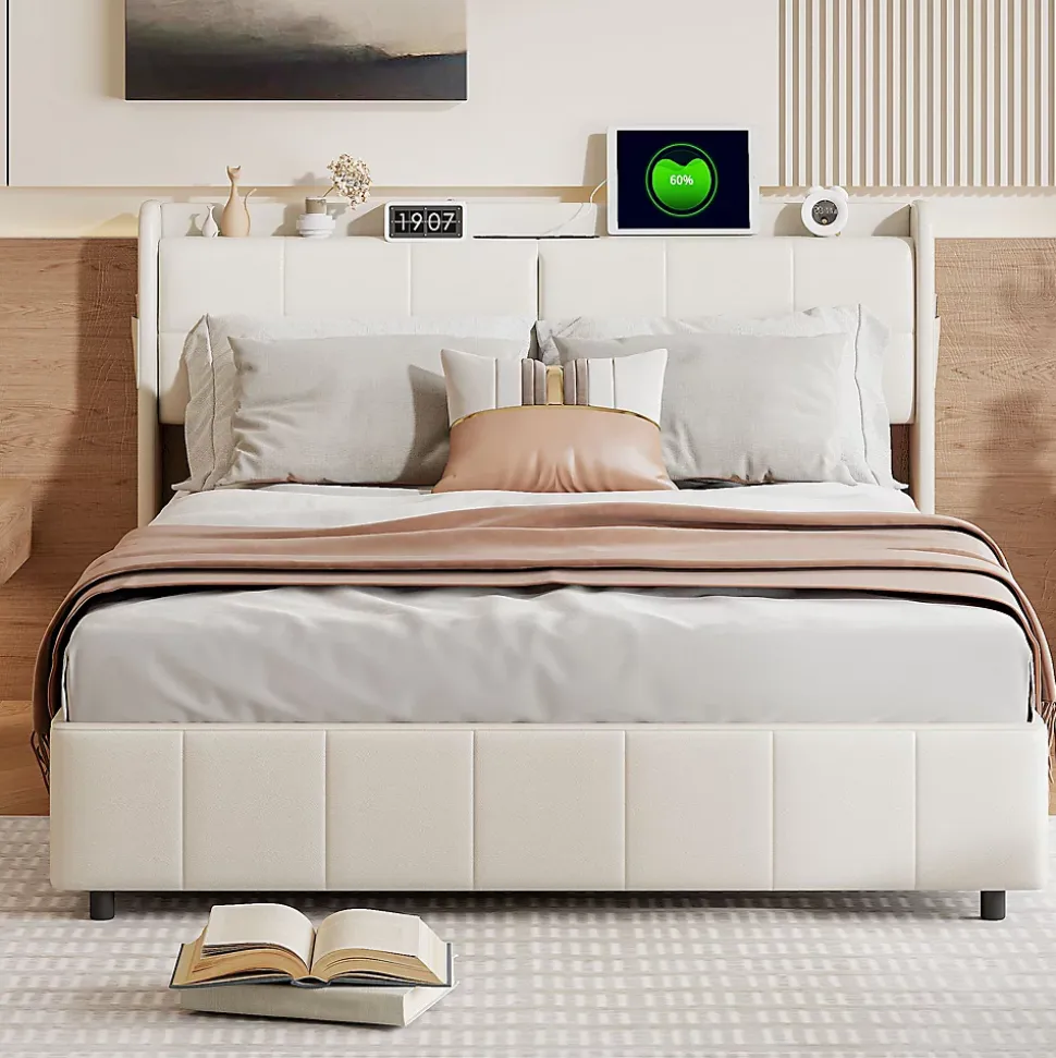 Lit Coffre 160x200cm avec 4 tiroirs et USB et Type-C, Lit Double avec Sommier à Lattes, PU