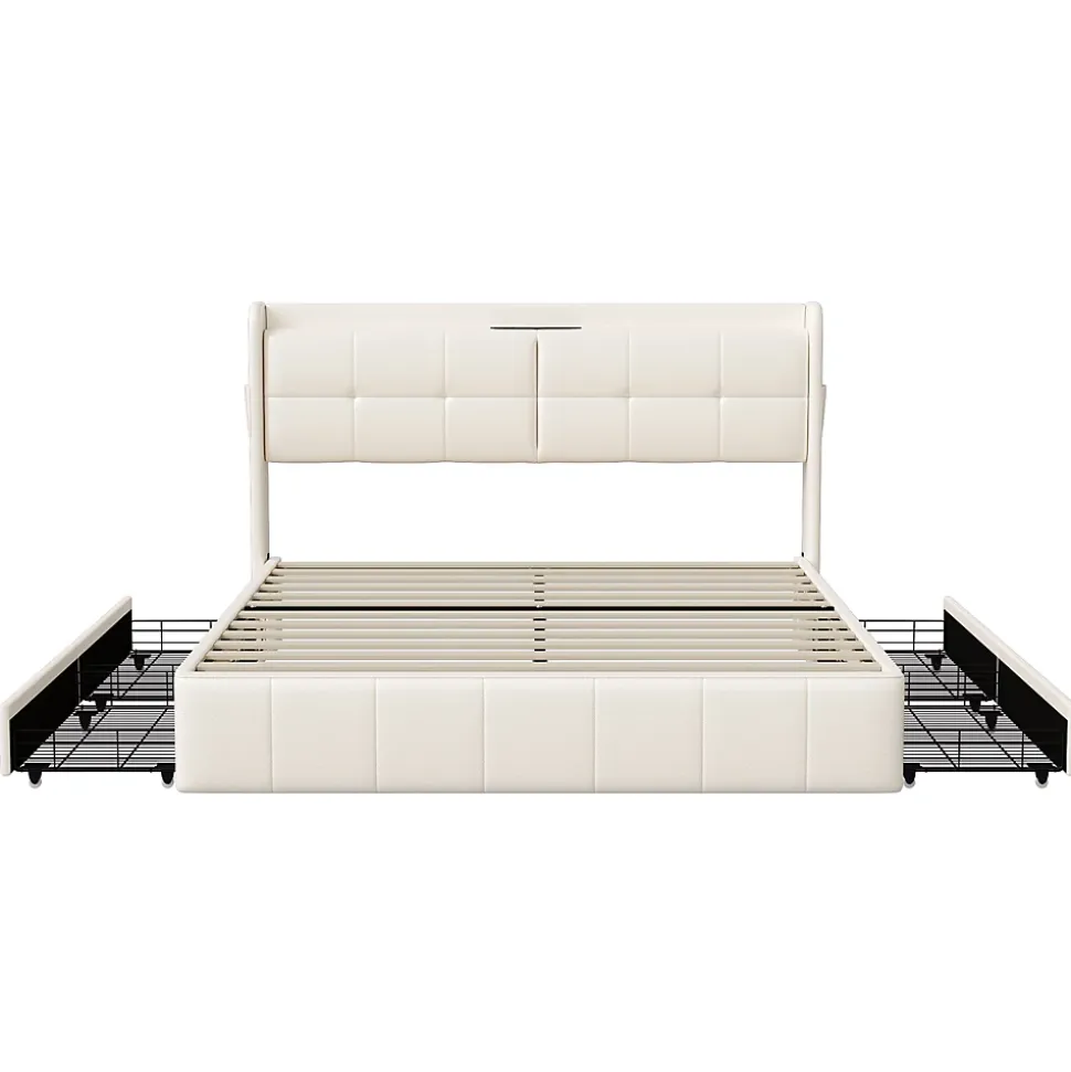 Lit Coffre 160x200cm avec 4 tiroirs et USB et Type-C, Lit Double avec Sommier à Lattes, PU