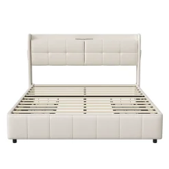 Lit Coffre 160x200cm avec 4 tiroirs et USB et Type-C, Lit Double avec Sommier à Lattes, PU