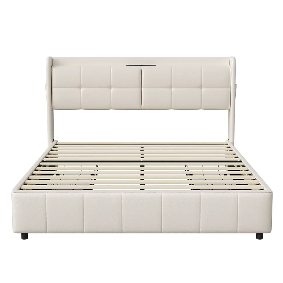 Lit Coffre 160x200cm avec 4 tiroirs et USB et Type-C, Lit Double avec Sommier à Lattes, PU