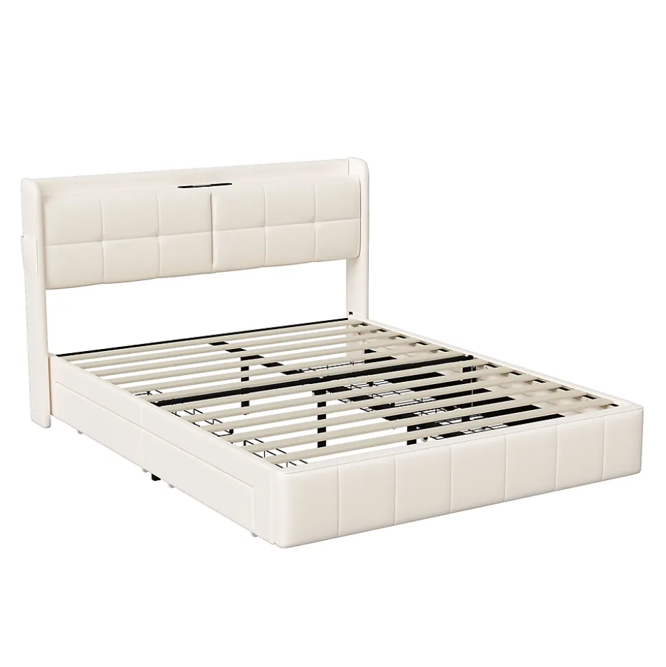 Lit Coffre 160x200cm avec 4 tiroirs et USB et Type-C, Lit Double avec Sommier à Lattes, PU