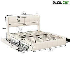 Lit Coffre 160x200cm avec 4 tiroirs et USB et Type-C, Lit Double avec Sommier à Lattes, PU