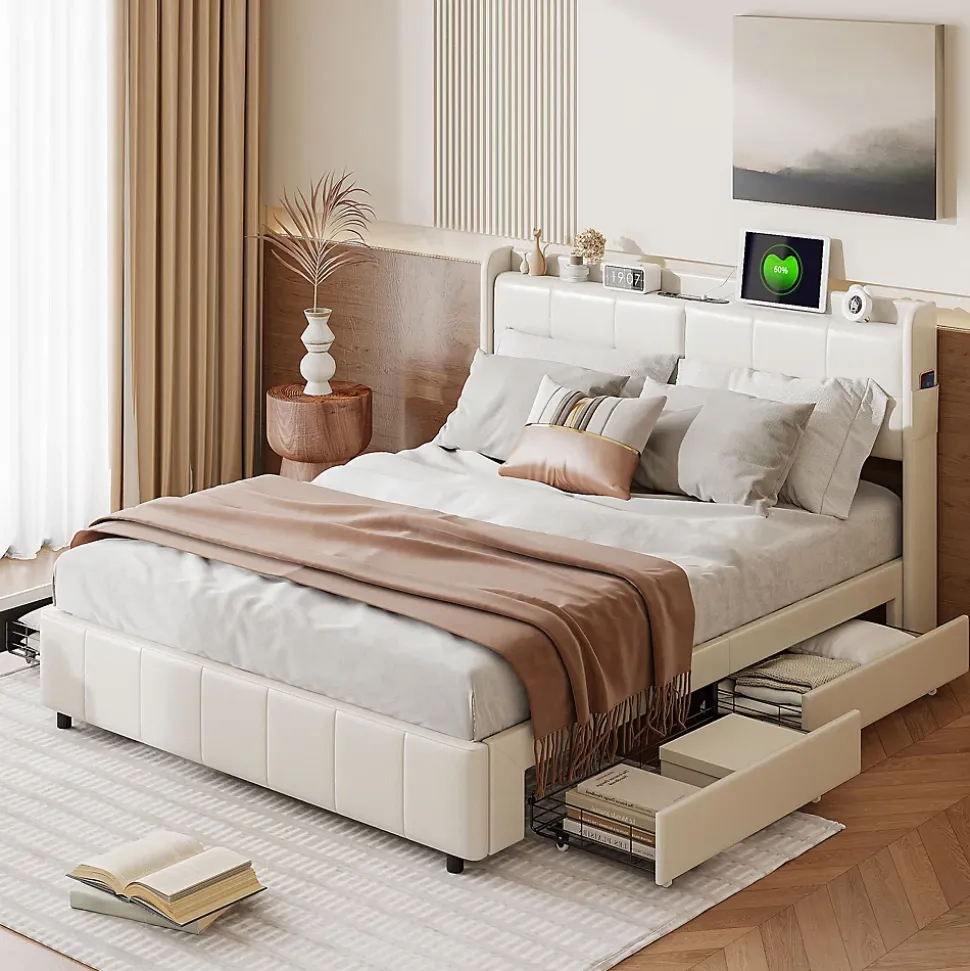 Lit Coffre 160x200cm avec 4 tiroirs et USB et Type-C, Lit Double avec Sommier à Lattes, PU