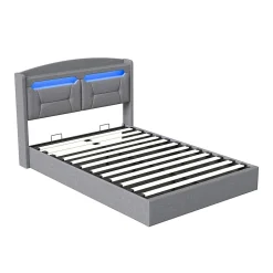 Lit coffre 140x200cm avec LED et ports USB, tête de lit rembourrée et espace de rangement, gris, lin