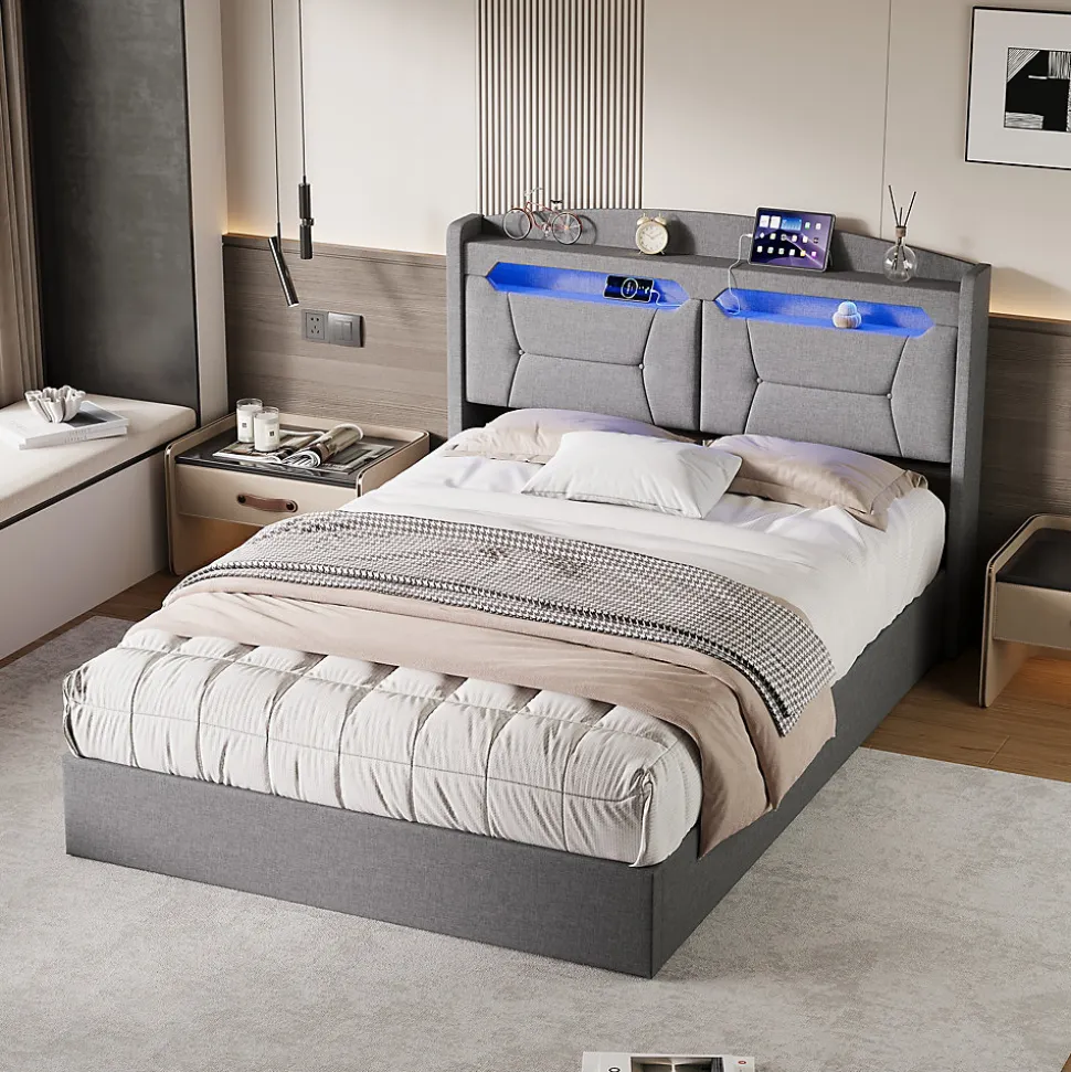 Lit coffre 140x200cm avec LED et ports USB, tête de lit rembourrée et espace de rangement, gris, lin
