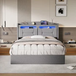 Lit coffre 140x200cm avec LED et ports USB, tête de lit rembourrée et espace de rangement, gris, lin