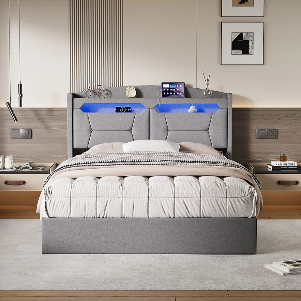 Lit coffre 140x200cm avec LED et ports USB, tête de lit rembourrée et espace de rangement, gris, lin
