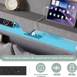 Lit coffre 140x200cm avec LED et ports USB, tête de lit rembourrée et espace de rangement, gris, lin
