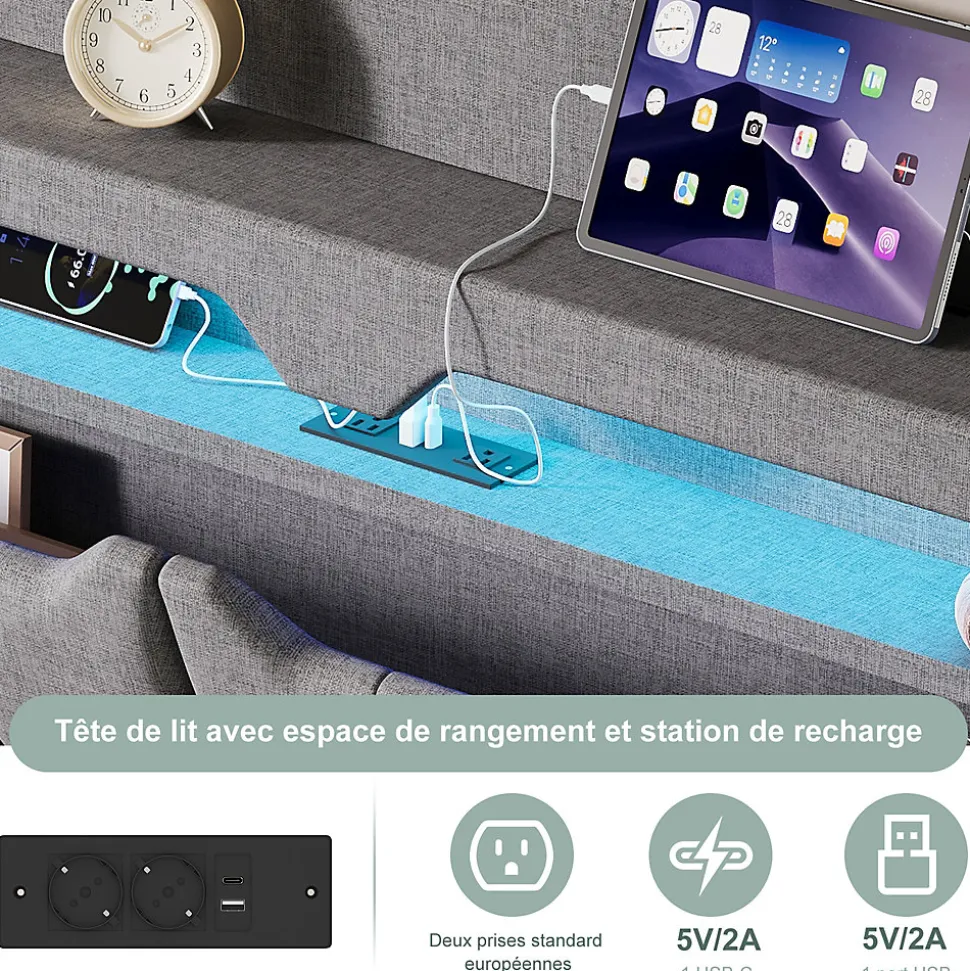 Lit coffre 140x200cm avec LED et ports USB, tête de lit rembourrée et espace de rangement, gris, lin
