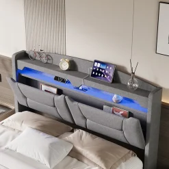 Lit coffre 140x200cm avec LED et ports USB, tête de lit rembourrée et espace de rangement, gris, lin