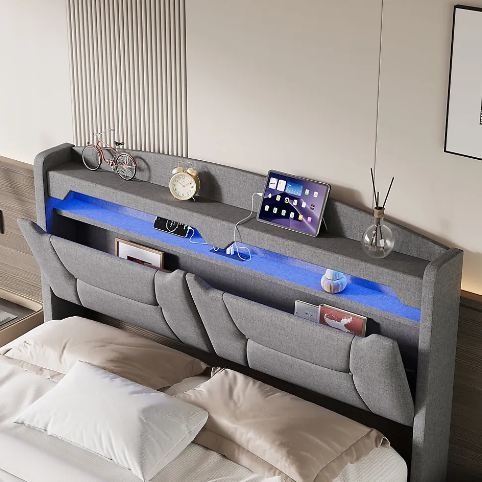 Lit coffre 140x200cm avec LED et ports USB, tête de lit rembourrée et espace de rangement, gris, lin