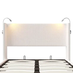 Lit Coffre 140x200cm avec LED et USB, Cadre de lit capitonné en Velours côtelé, lit 2 Personnes avec sommier,scandinave Blanc