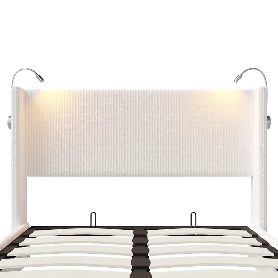 Lit Coffre 140x200cm avec LED et USB, Cadre de lit capitonné en Velours côtelé, lit 2 Personnes avec sommier,scandinave Blanc