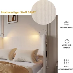 Lit Coffre 140x200cm avec LED et USB, Cadre de lit capitonné en Velours côtelé, lit 2 Personnes avec sommier,scandinave Blanc