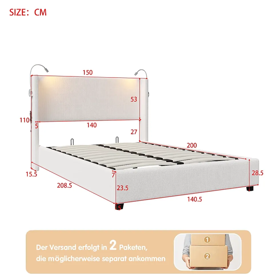 Lit Coffre 140x200cm avec LED et USB, Cadre de lit capitonné en Velours côtelé, lit 2 Personnes avec sommier,scandinave Blanc