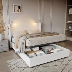 Lit Coffre 140x200cm avec LED et USB, Cadre de lit capitonné en Velours côtelé, lit 2 Personnes avec sommier,scandinave Blanc