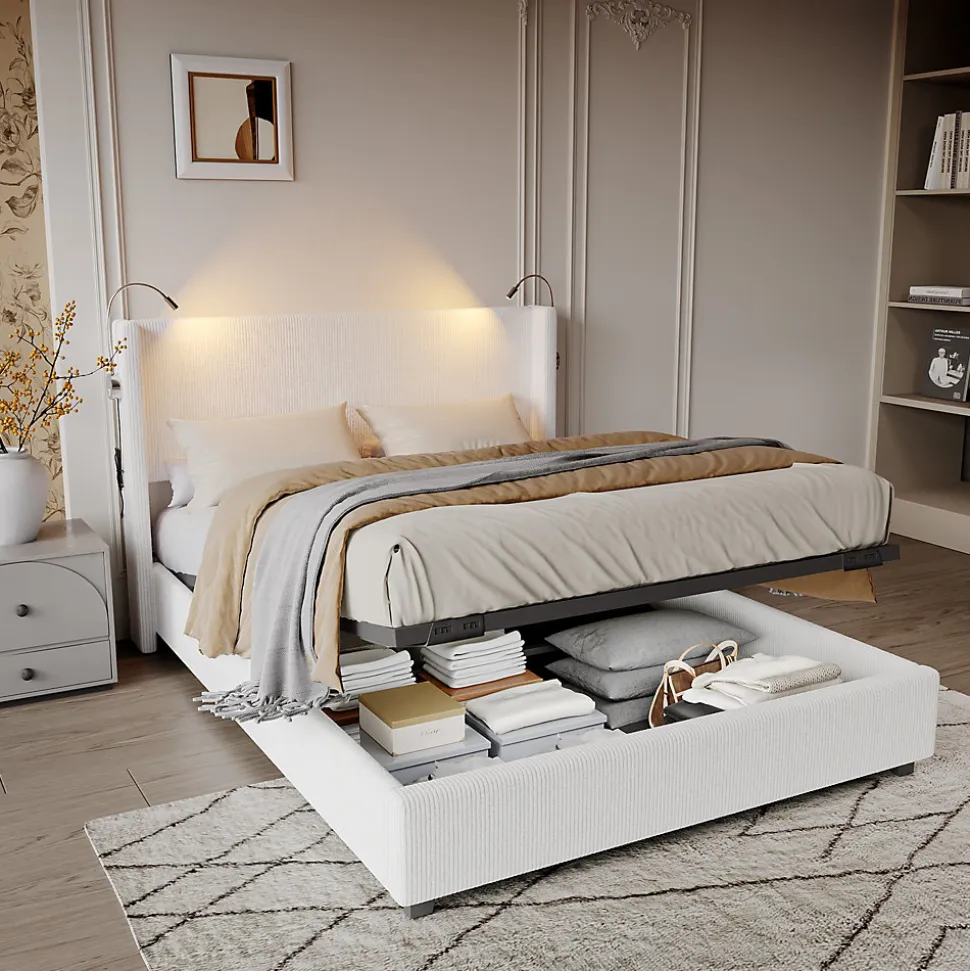 Lit Coffre 140x200cm avec LED et USB, Cadre de lit capitonné en Velours côtelé, lit 2 Personnes avec sommier,scandinave Blanc