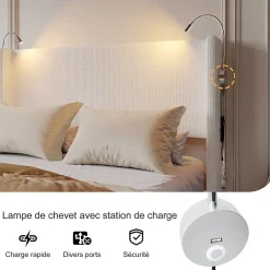 Lit Coffre 140x200cm avec LED et USB, Cadre de lit capitonné en Velours côtelé, lit 2 Personnes avec sommier,scandinave Blanc