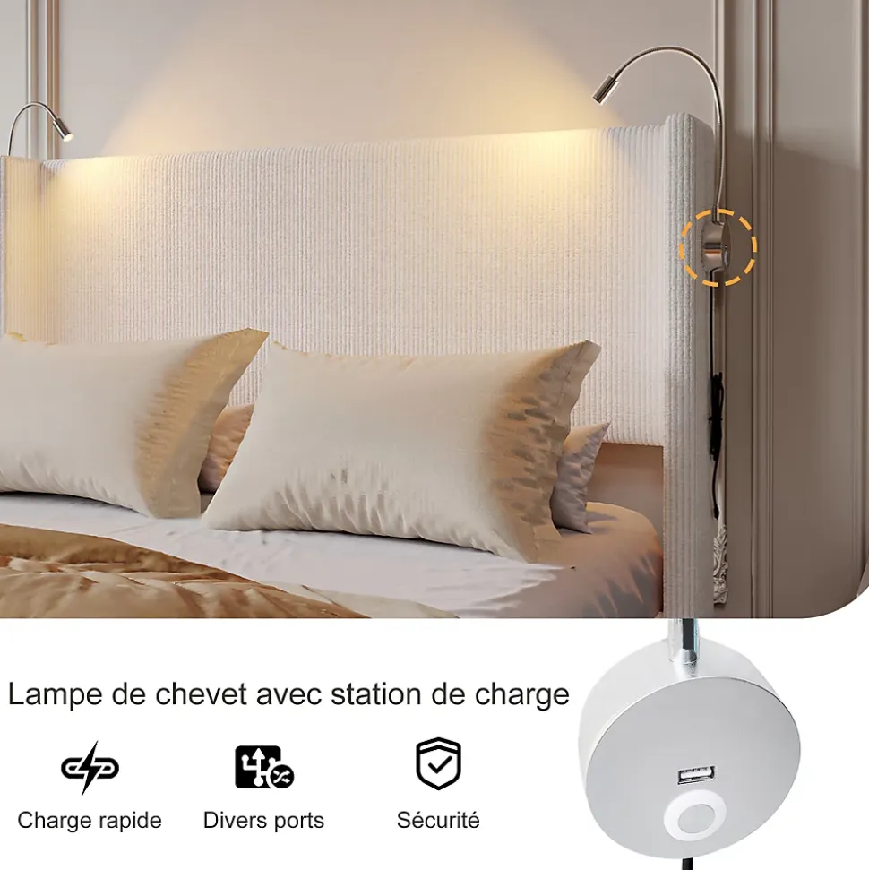 Lit Coffre 140x200cm avec LED et USB, Cadre de lit capitonné en Velours côtelé, lit 2 Personnes avec sommier,scandinave Blanc