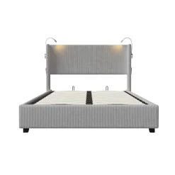Lit Coffre 140X200cm avec LED et USB, Cadre de lit capitonné en Velours cotelé,gris