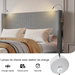 Lit Coffre 140X200cm avec LED et USB, Cadre de lit capitonné en Velours cotelé,gris