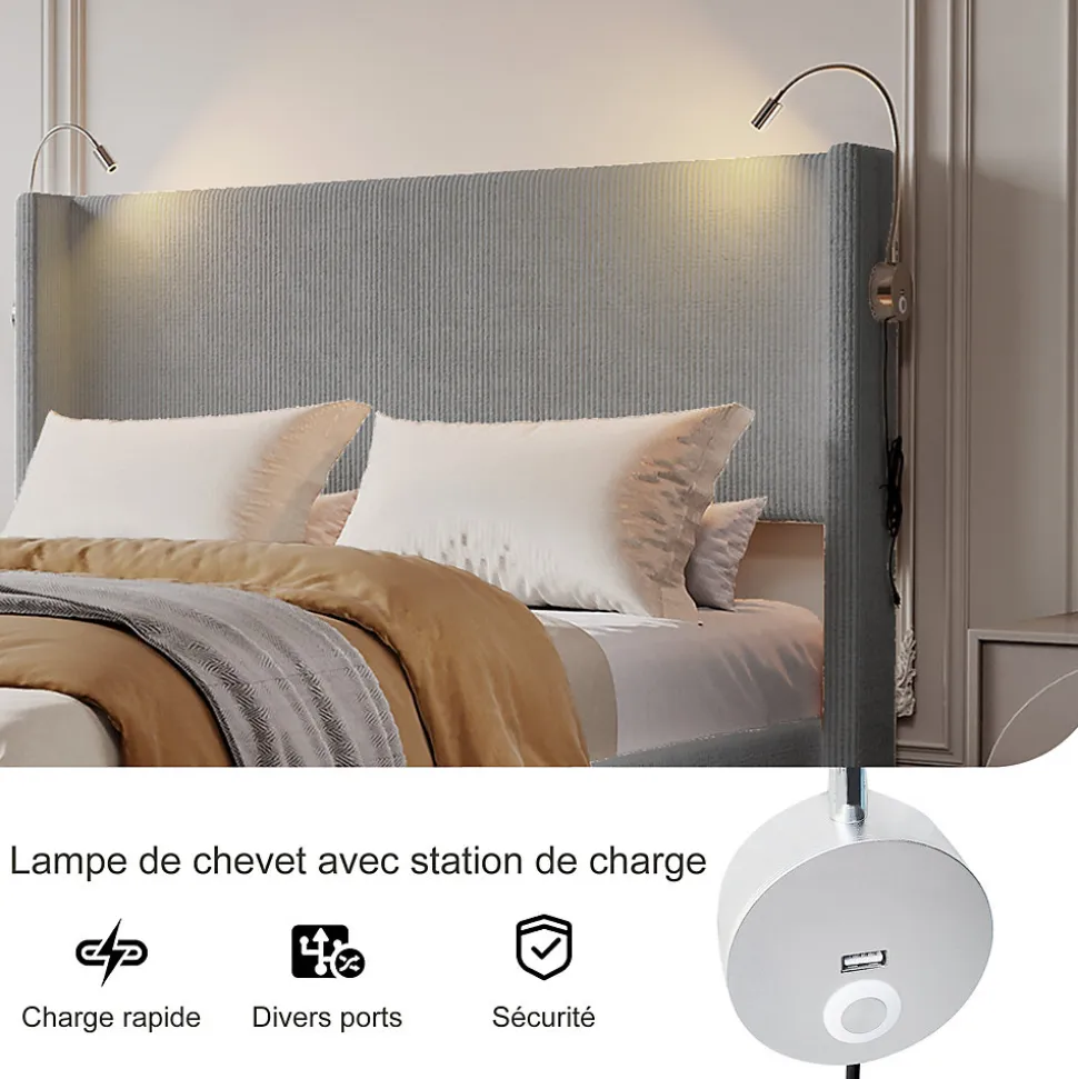 Lit Coffre 140X200cm avec LED et USB, Cadre de lit capitonné en Velours cotelé,gris