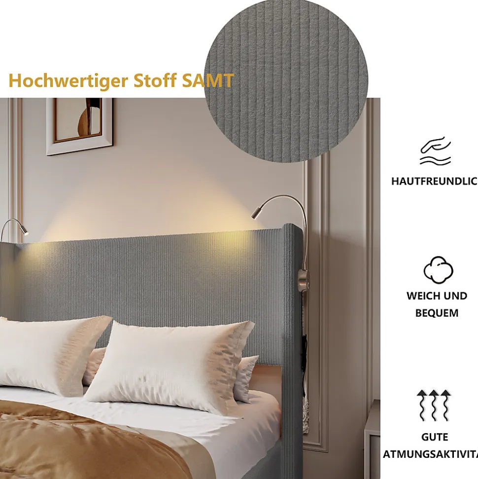 Lit Coffre 140X200cm avec LED et USB, Cadre de lit capitonné en Velours cotelé,gris