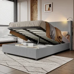 Lit Coffre 140X200cm avec LED et USB, Cadre de lit capitonné en Velours cotelé,gris