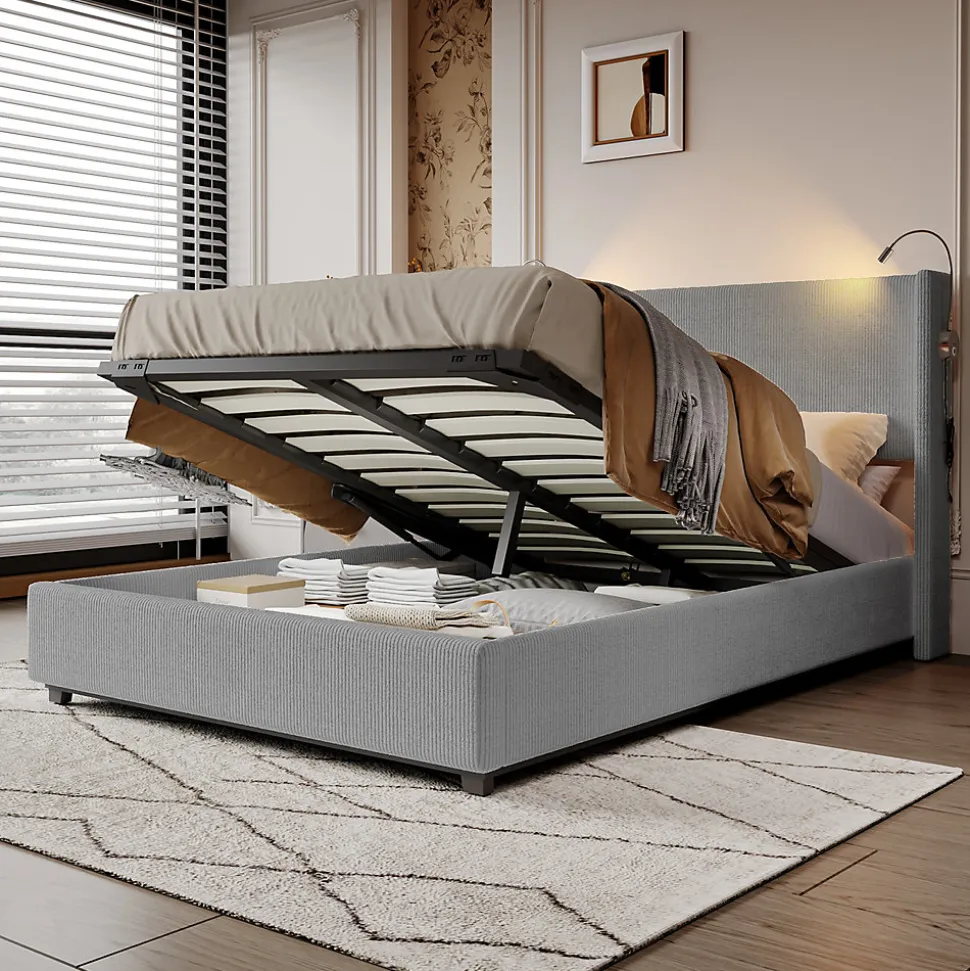 Lit Coffre 140X200cm avec LED et USB, Cadre de lit capitonné en Velours cotelé,gris