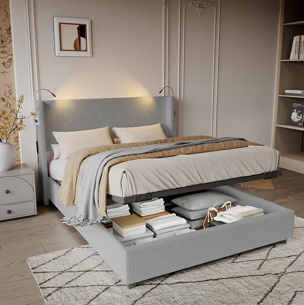 Lit Coffre 140X200cm avec LED et USB, Cadre de lit capitonné en Velours cotelé,gris
