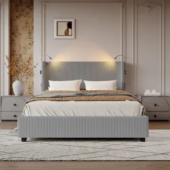 Lit Coffre 140X200cm avec LED et USB, Cadre de lit capitonné en Velours cotelé,gris