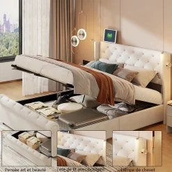 Lit coffre 140x190cm avec tête de lit, liseuse avec chargement USB, sommier à lattes, cadre de lit