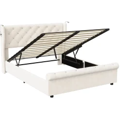 Lit coffre 140x190cm avec tête de lit, liseuse avec chargement USB, sommier à lattes, cadre de lit