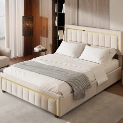 Lit coffre 140x190cm avec tête de lit capitonnée, sommier à lattes, velours, finitions dorées, beige