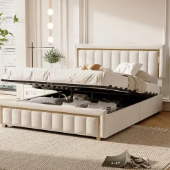 Lit coffre 140x190cm avec tête de lit capitonnée, sommier à lattes, velours, finitions dorées, beige