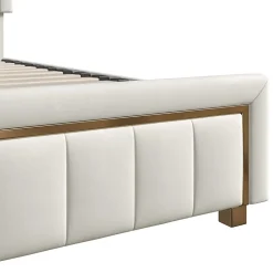 Lit coffre 140x190cm avec tête de lit capitonnée, sommier à lattes, velours, finitions dorées, beige