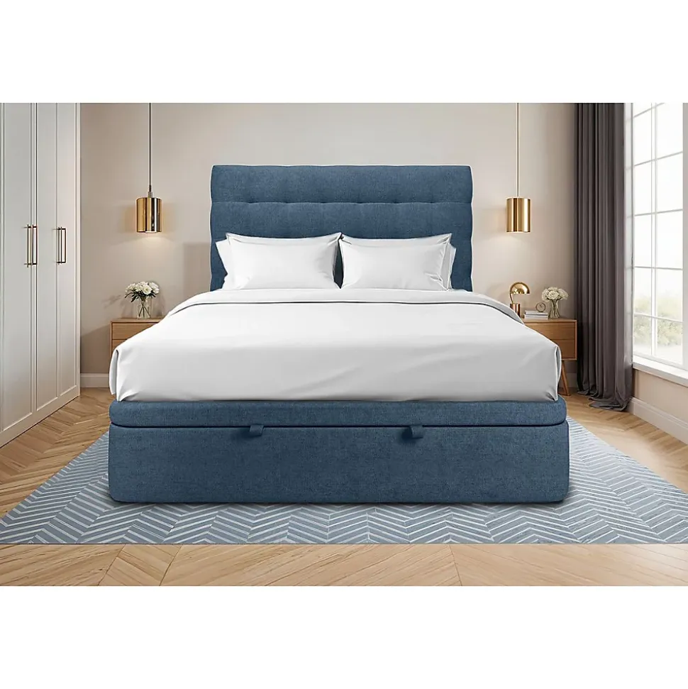 Lit coffre 140x190cm avec tête de lit capitonnée Tissu Bleu - Hauteur totale : 39cm