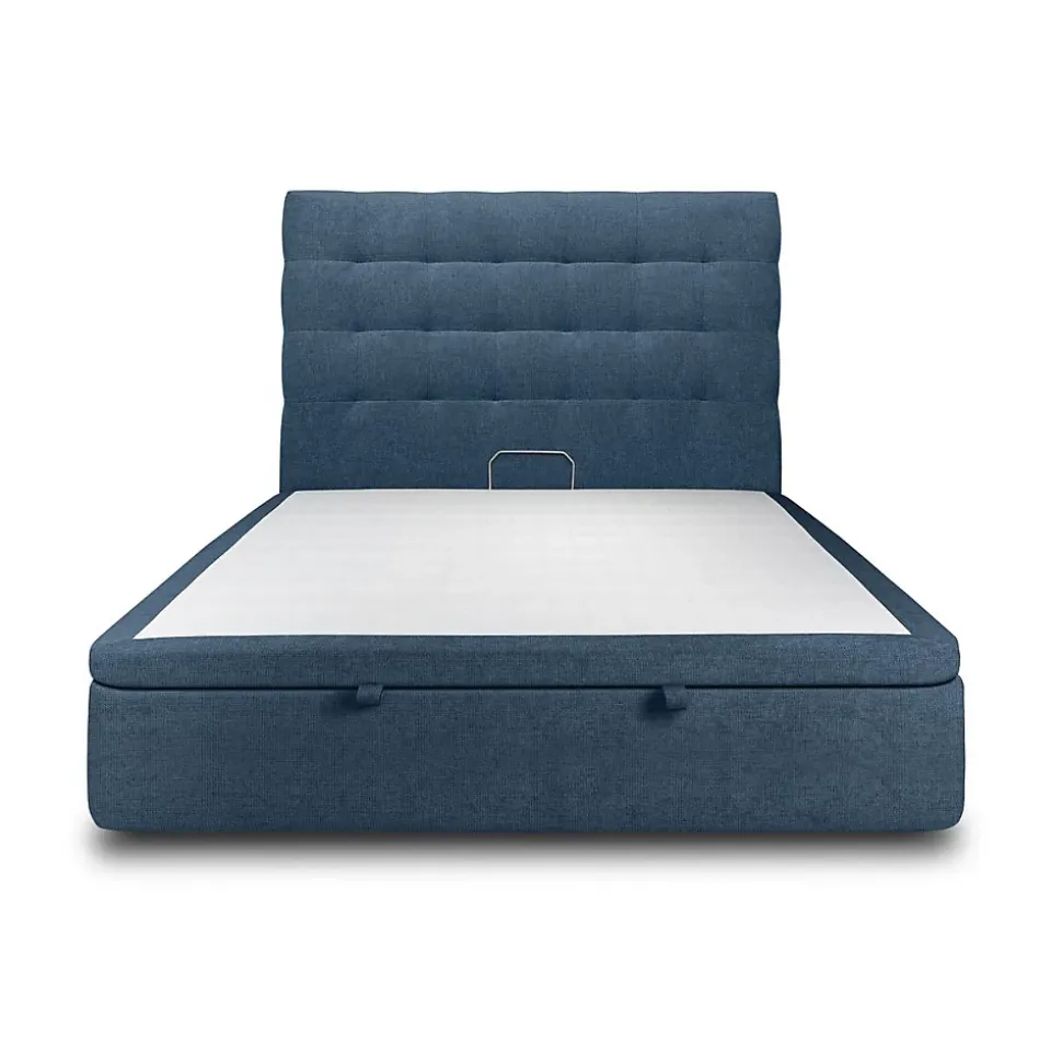 Lit coffre 140x190cm avec tête de lit capitonnée Tissu Bleu - Hauteur totale : 39cm