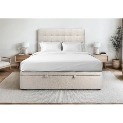 Lit coffre 140x200cm avec tête de lit capitonnée Bouclette Beige - Hauteur totale : 39cm
