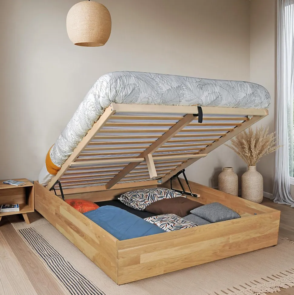 Lit coffre 140x200cm BEN + sommier/ Chêne massif huilé