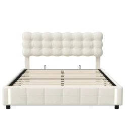 Lit Coffre 160x200cm, Cadre De Lit Rembourré Avec Éclairage LED Et Sommier à Lattes, Velours Beige