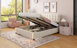 Lit Coffre 160x200cm, Cadre De Lit Rembourré Avec Éclairage LED Et Sommier à Lattes, Velours Beige