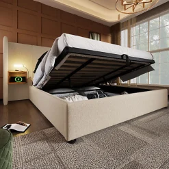 Lit coffre 180x200cm en lin - 2 tables de chavet avec liseuse - avec sommier à lattes - Beige